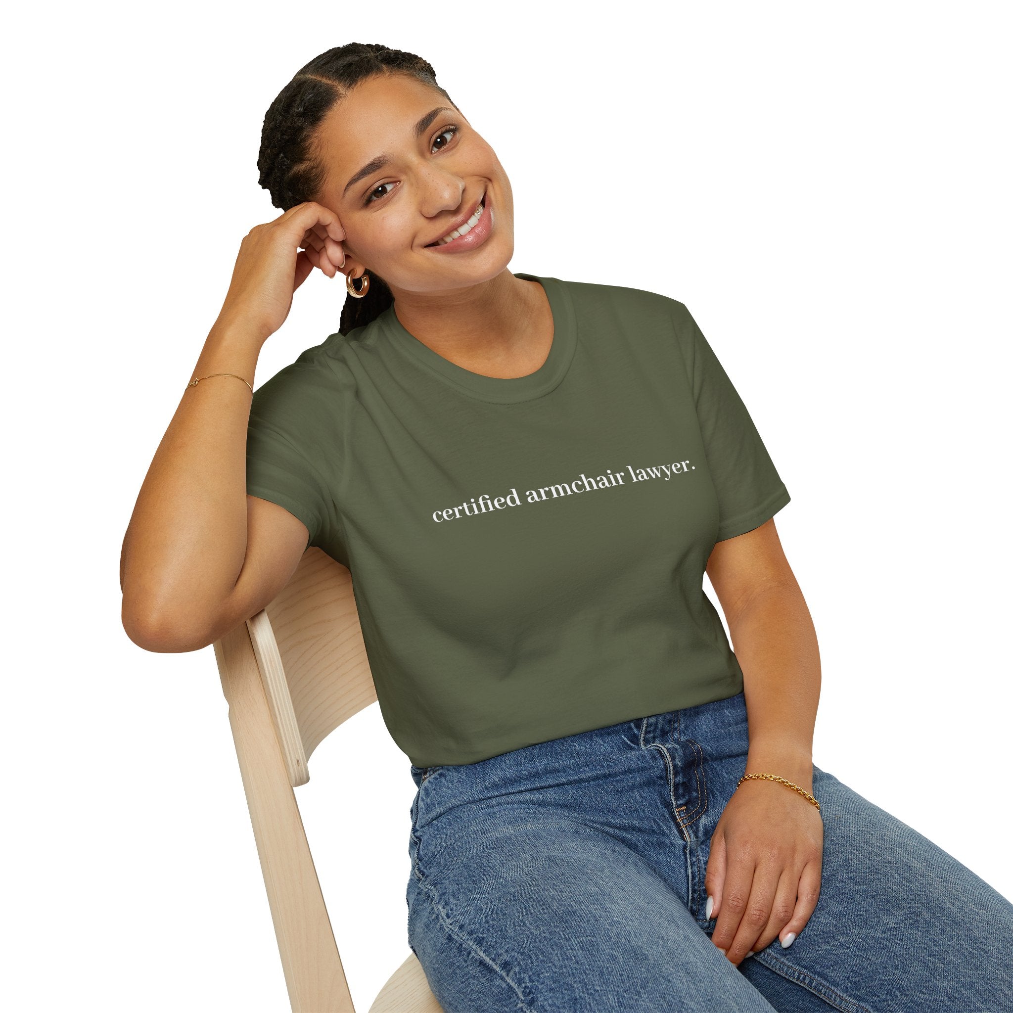 T-Shirt — “certified armchair lawyer.” Minimalist Funny Legal Enthusiast Tee