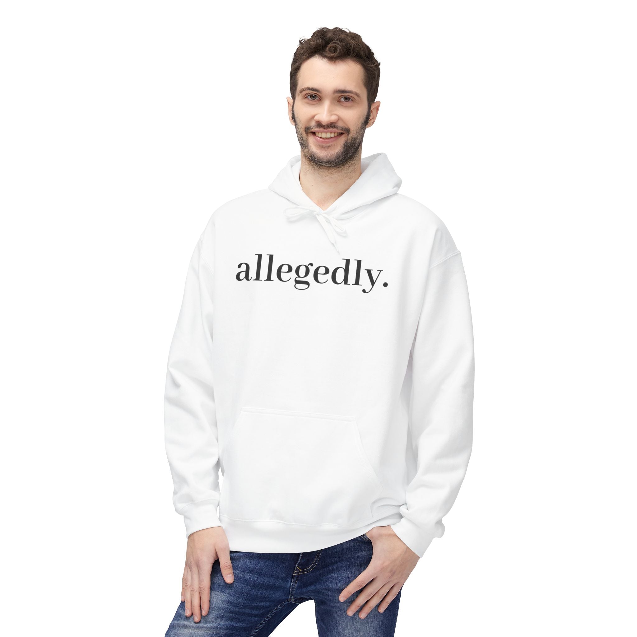 Allegedly. Minimalist White Hoodie — Subtle Script Statement Sweatshirt