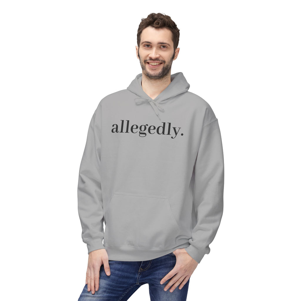 Allegedly. Minimalist White Hoodie — Subtle Script Statement Sweatshirt
