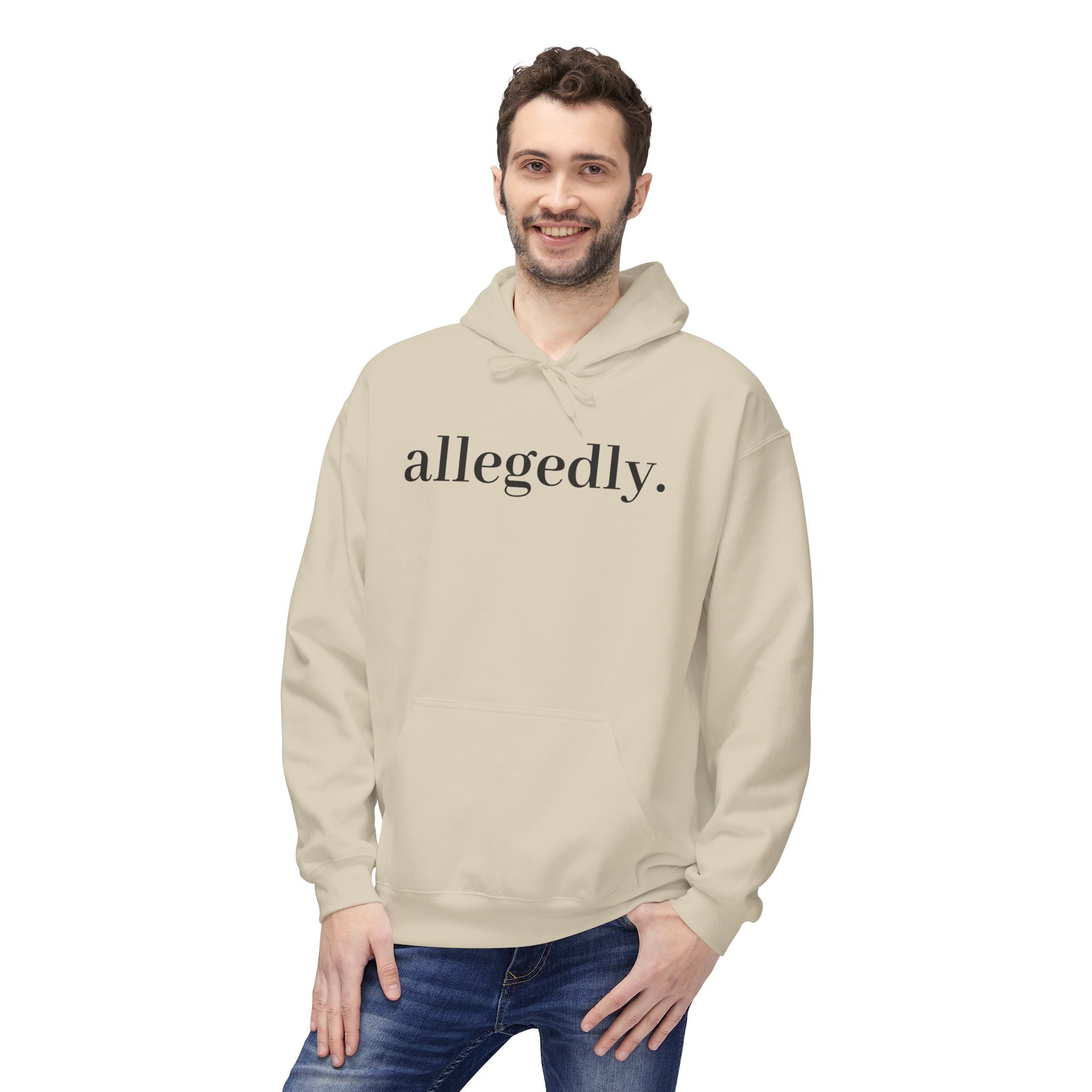 Allegedly. Minimalist White Hoodie — Subtle Script Statement Sweatshirt