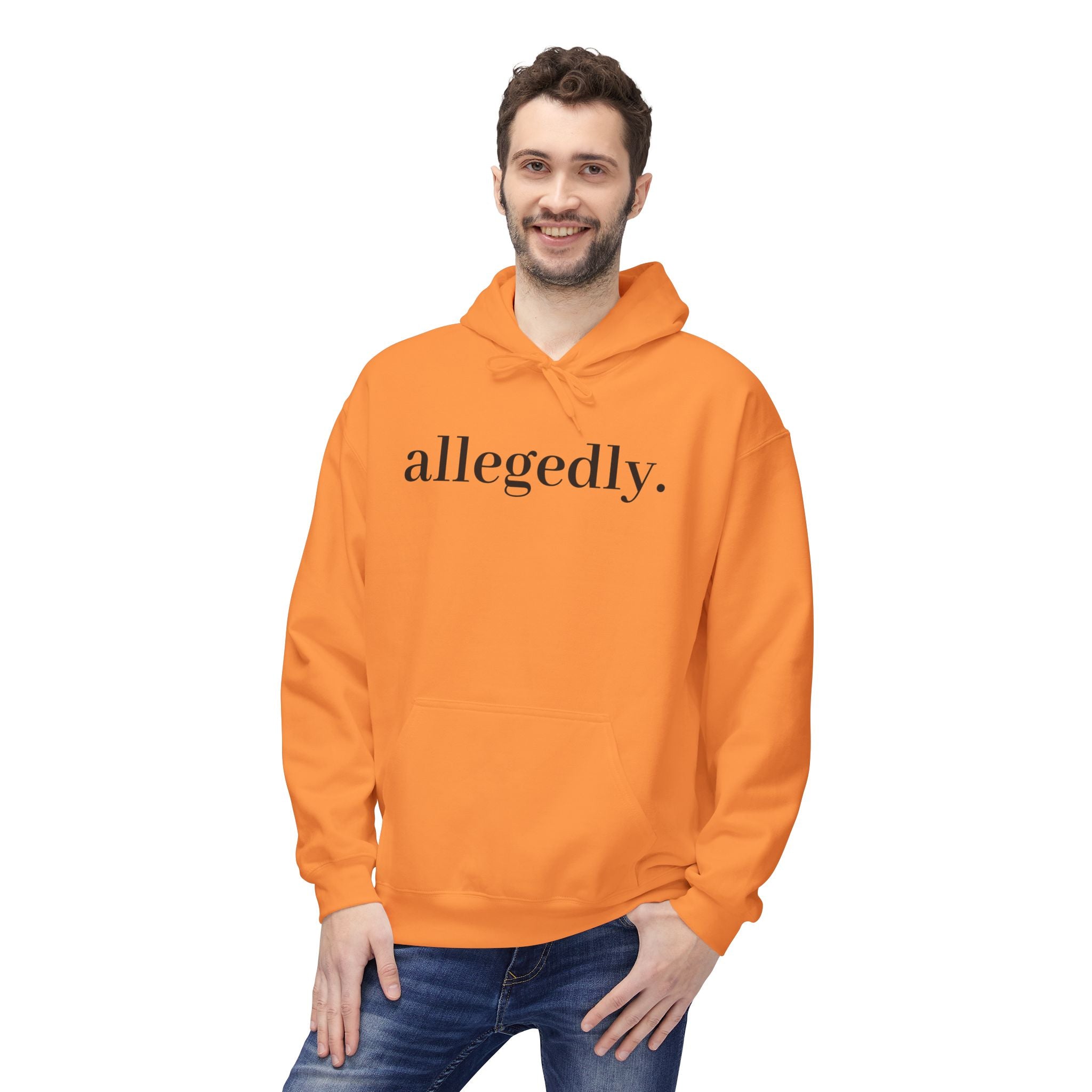 Allegedly. Minimalist White Hoodie — Subtle Script Statement Sweatshirt