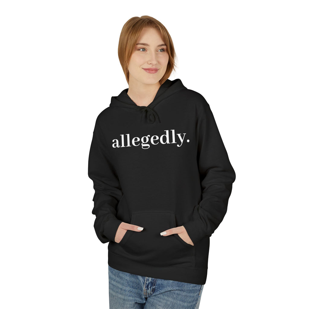 Allegedly. Minimalist White Hoodie — Subtle Script Statement Sweatshirt