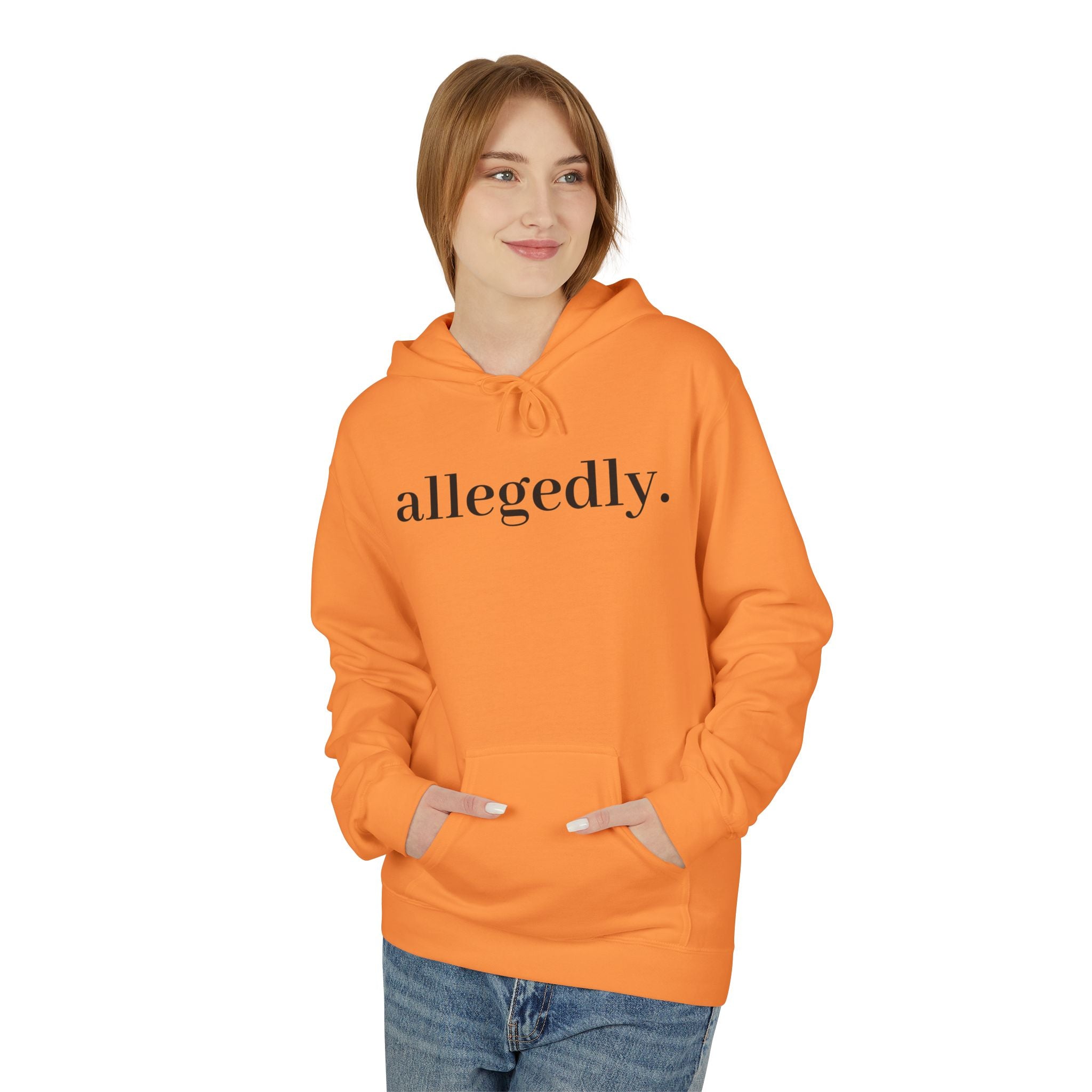 Allegedly. Minimalist White Hoodie — Subtle Script Statement Sweatshirt