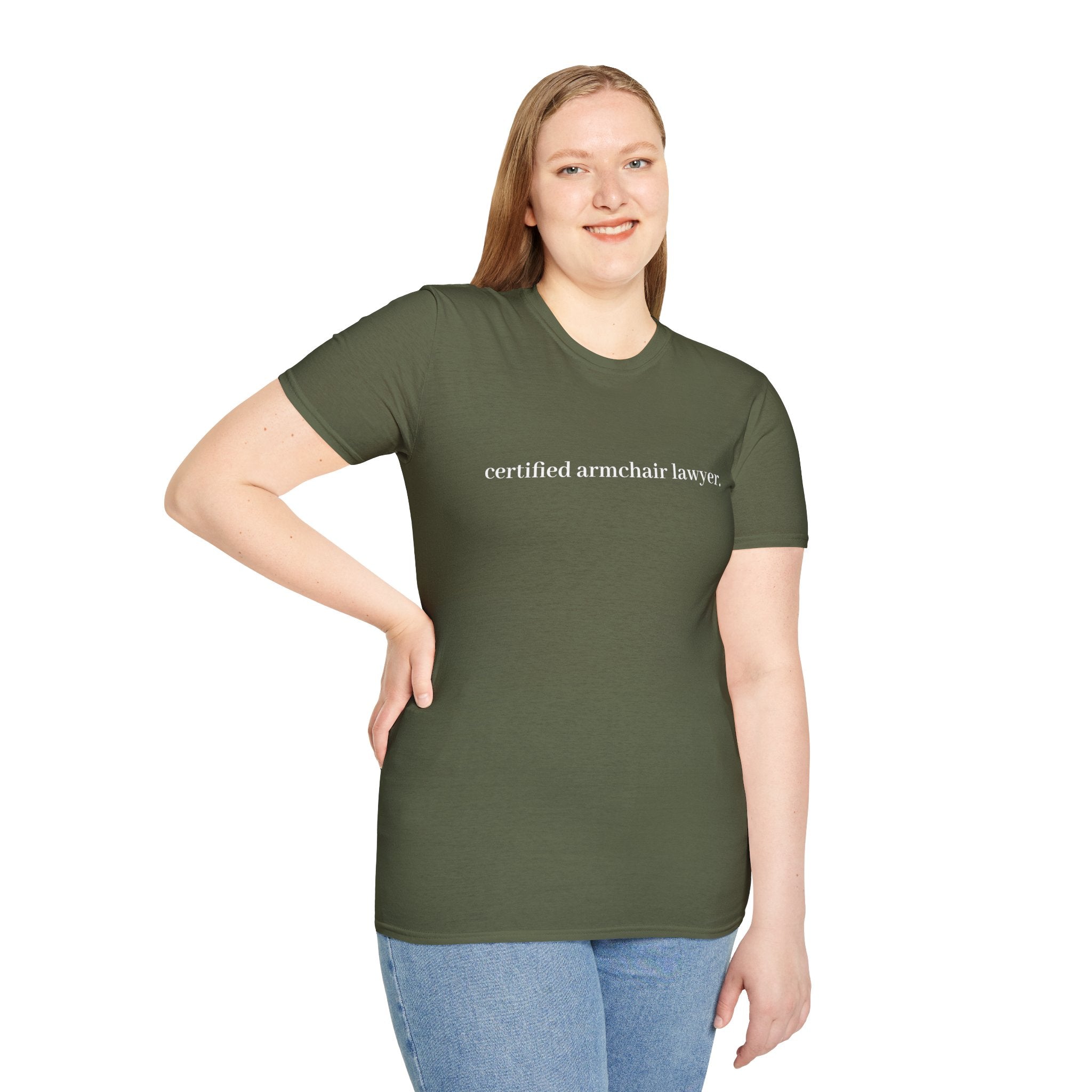 T-Shirt — “certified armchair lawyer.” Minimalist Funny Legal Enthusiast Tee