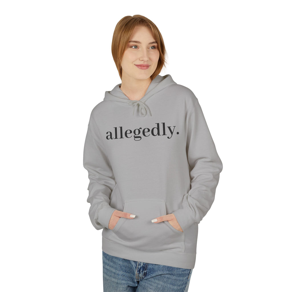 Allegedly. Minimalist White Hoodie — Subtle Script Statement Sweatshirt