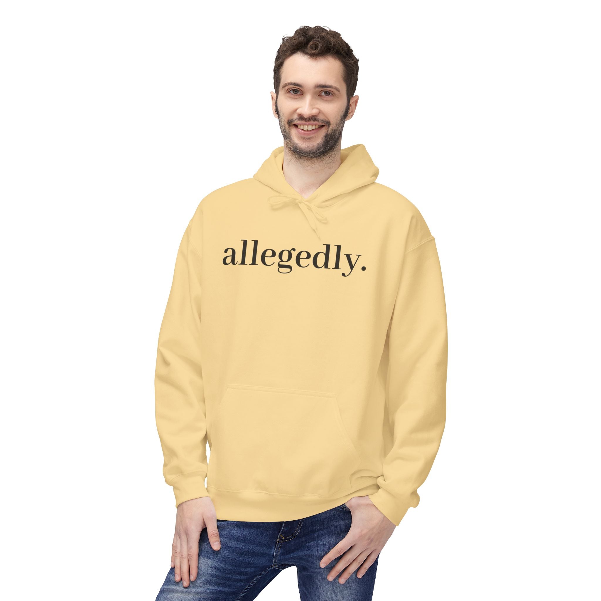 Allegedly. Minimalist White Hoodie — Subtle Script Statement Sweatshirt