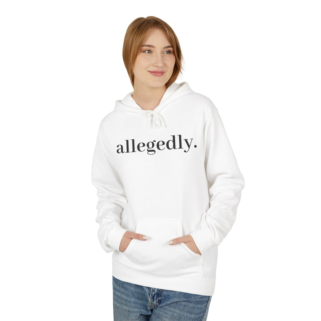 Allegedly. Minimalist White Hoodie — Subtle Script Statement Sweatshirt