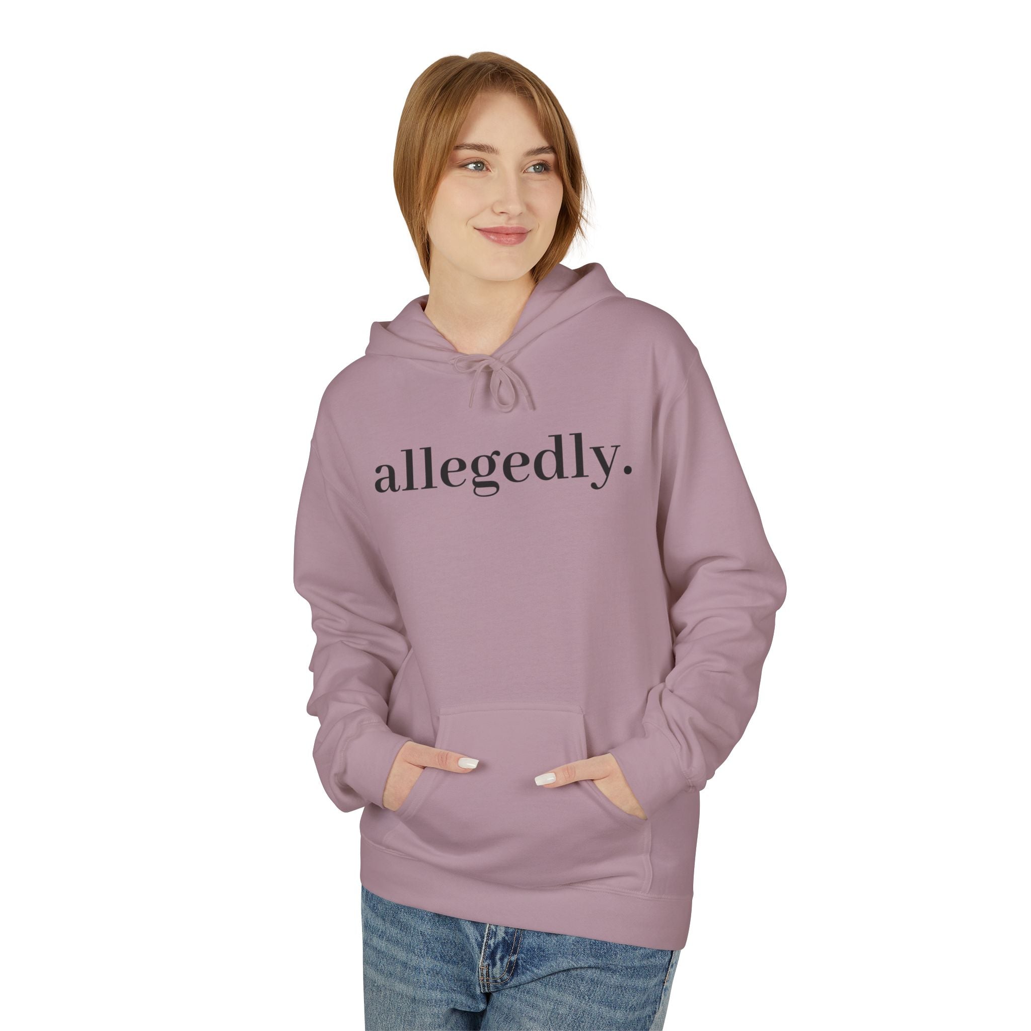 Allegedly. Minimalist White Hoodie — Subtle Script Statement Sweatshirt