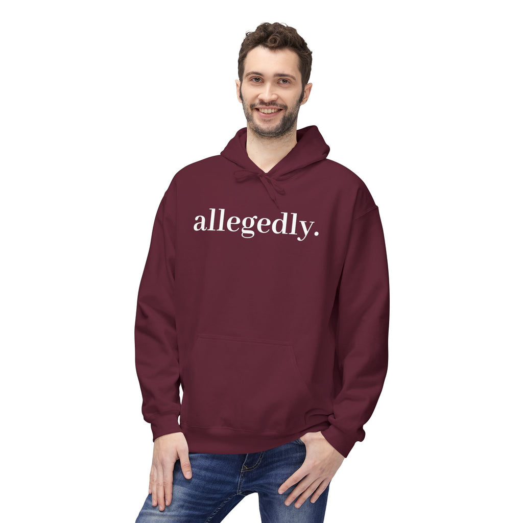 Allegedly. Minimalist White Hoodie — Subtle Script Statement Sweatshirt