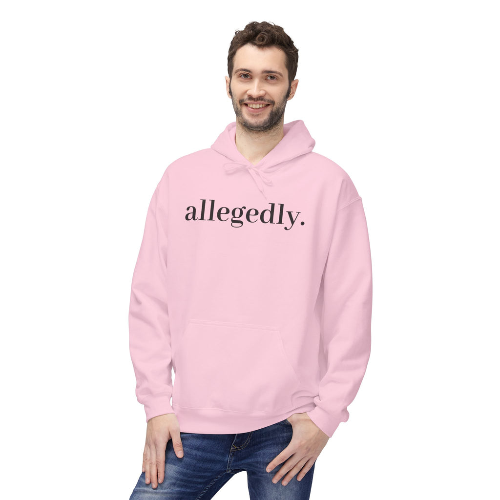 Allegedly. Minimalist White Hoodie — Subtle Script Statement Sweatshirt