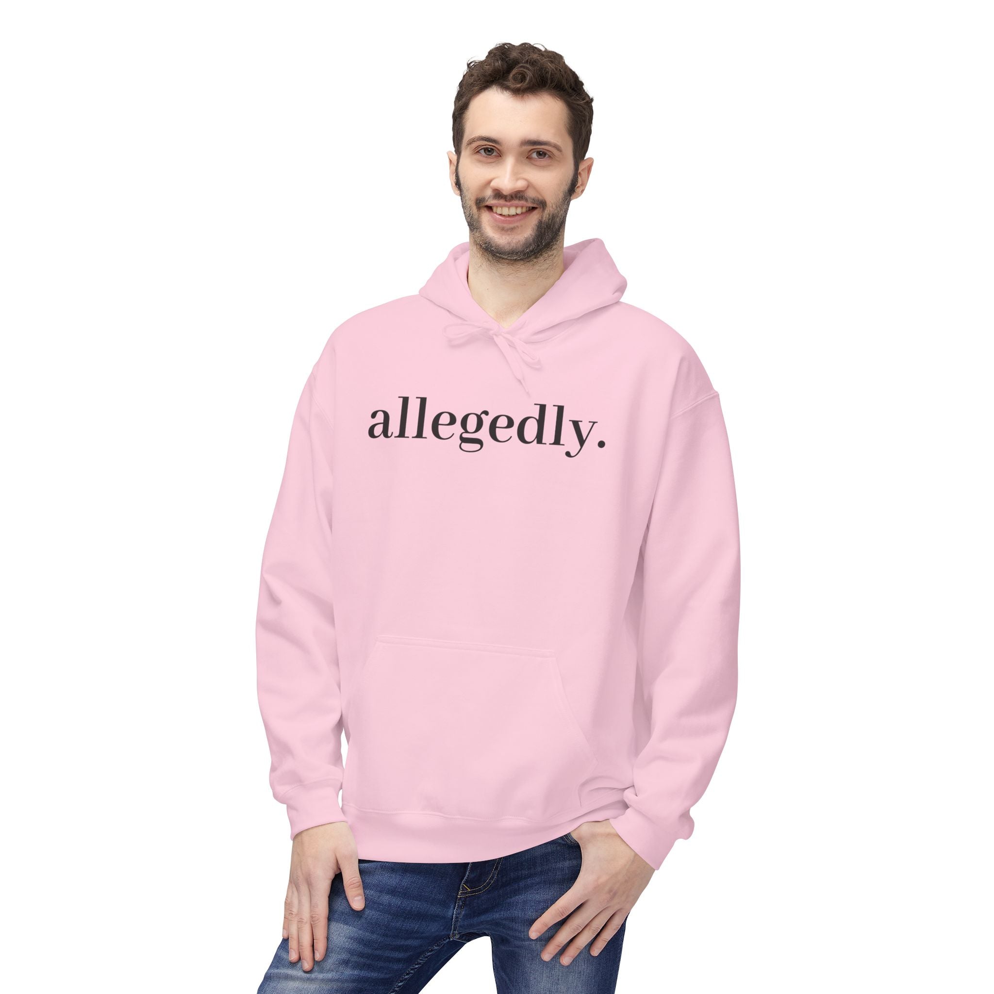 Allegedly. Minimalist White Hoodie — Subtle Script Statement Sweatshirt