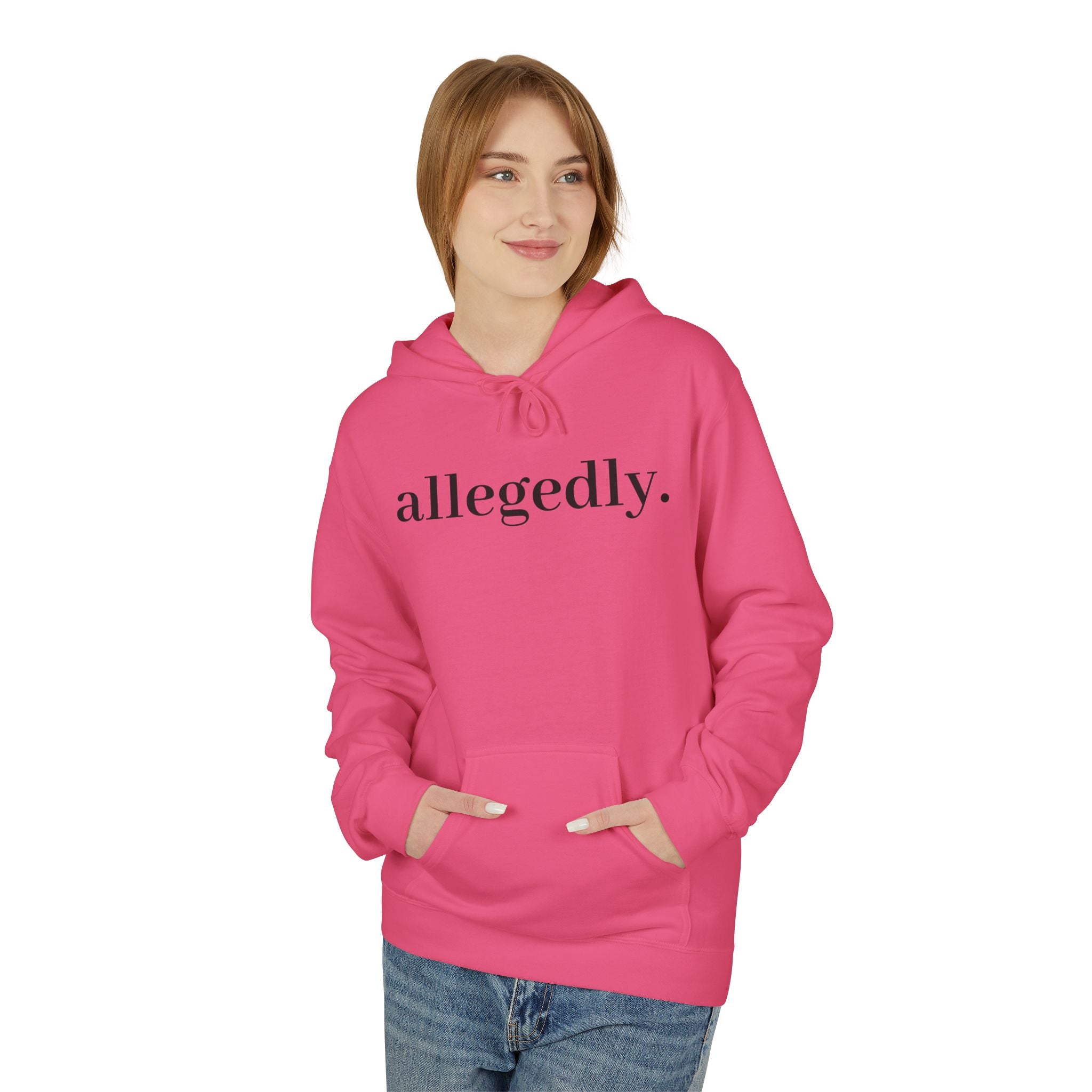 Allegedly. Minimalist White Hoodie — Subtle Script Statement Sweatshirt