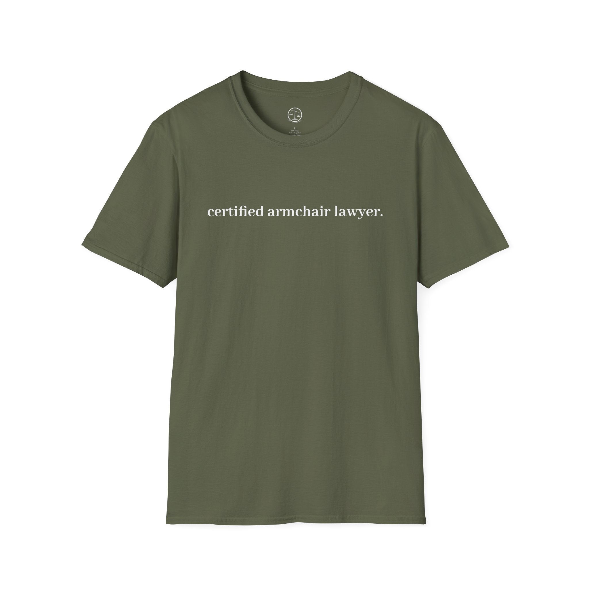 T-Shirt — “certified armchair lawyer.” Minimalist Funny Legal Enthusiast Tee