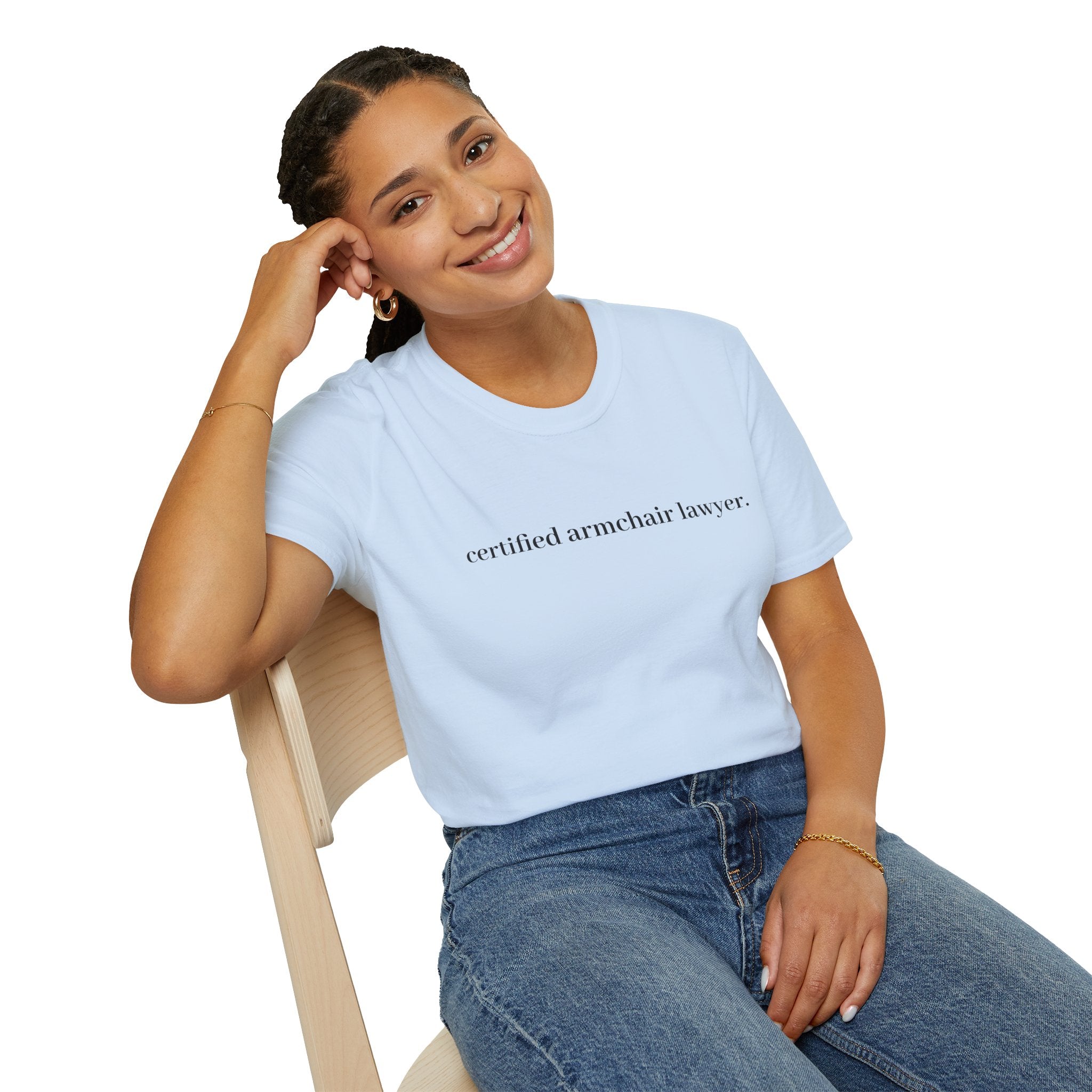 T-Shirt — “certified armchair lawyer.” Minimalist Funny Legal Enthusiast Tee