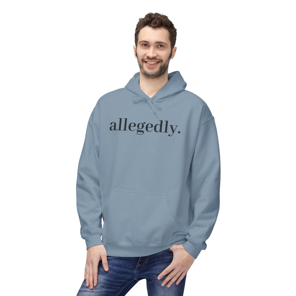 Allegedly. Minimalist White Hoodie — Subtle Script Statement Sweatshirt