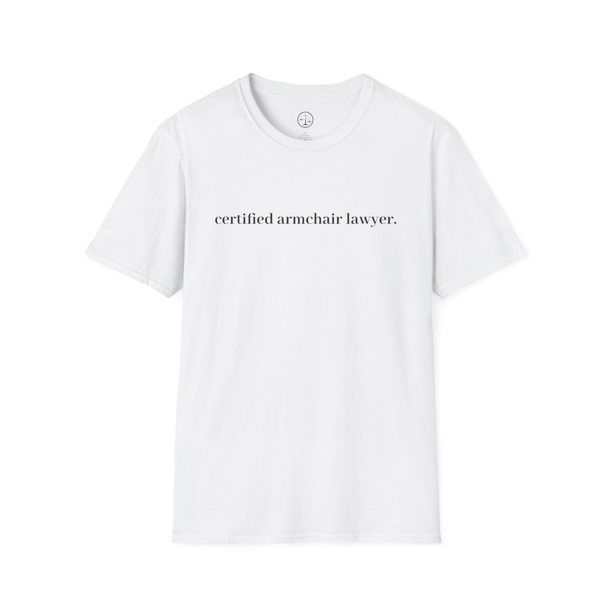 T-Shirt — “certified armchair lawyer.” Minimalist Funny Legal Enthusiast Tee