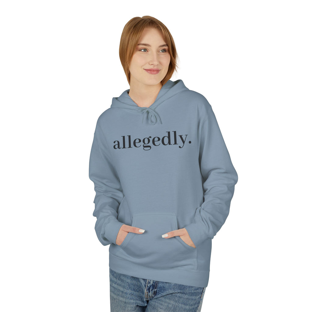 Allegedly. Minimalist White Hoodie — Subtle Script Statement Sweatshirt