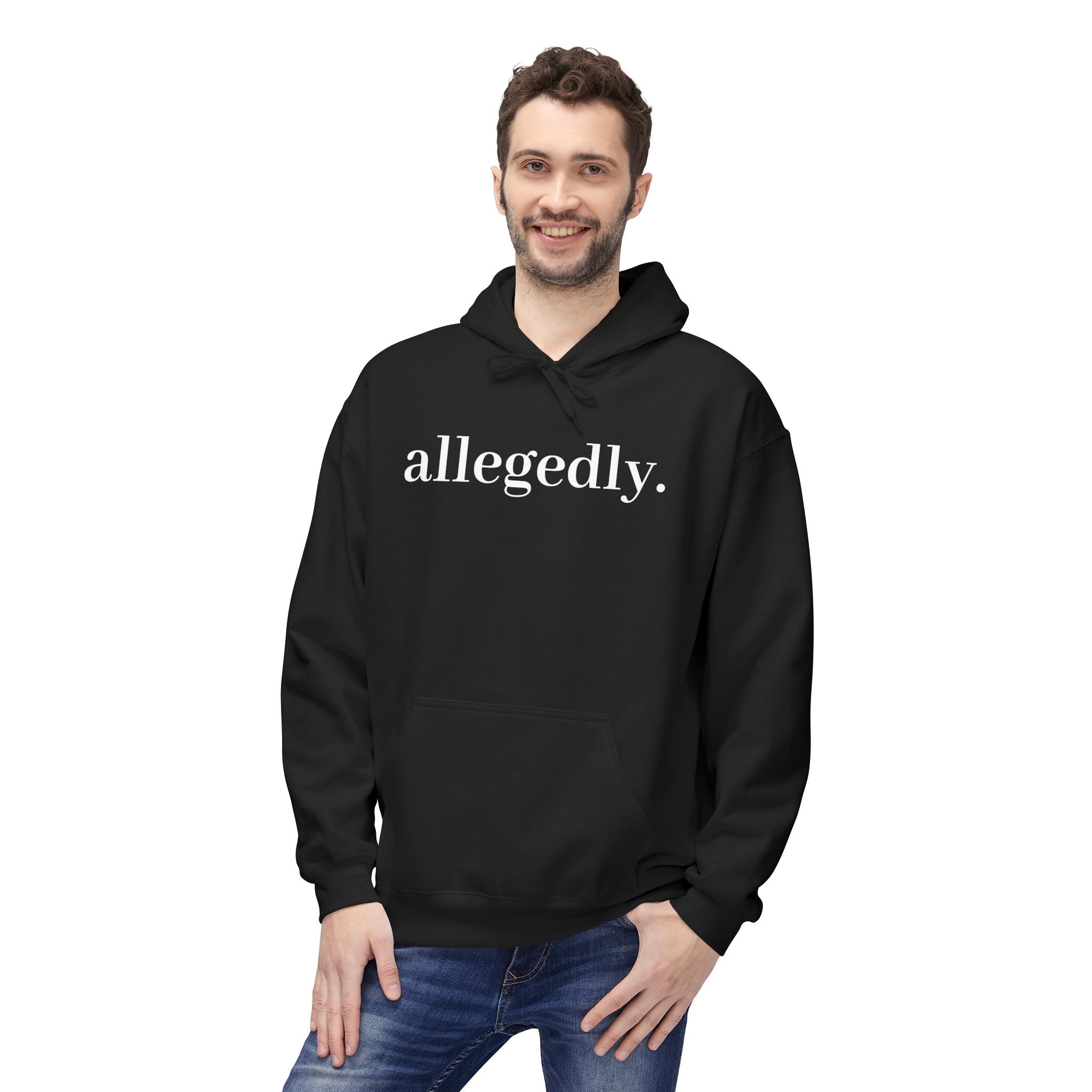 Allegedly. Minimalist White Hoodie — Subtle Script Statement Sweatshirt