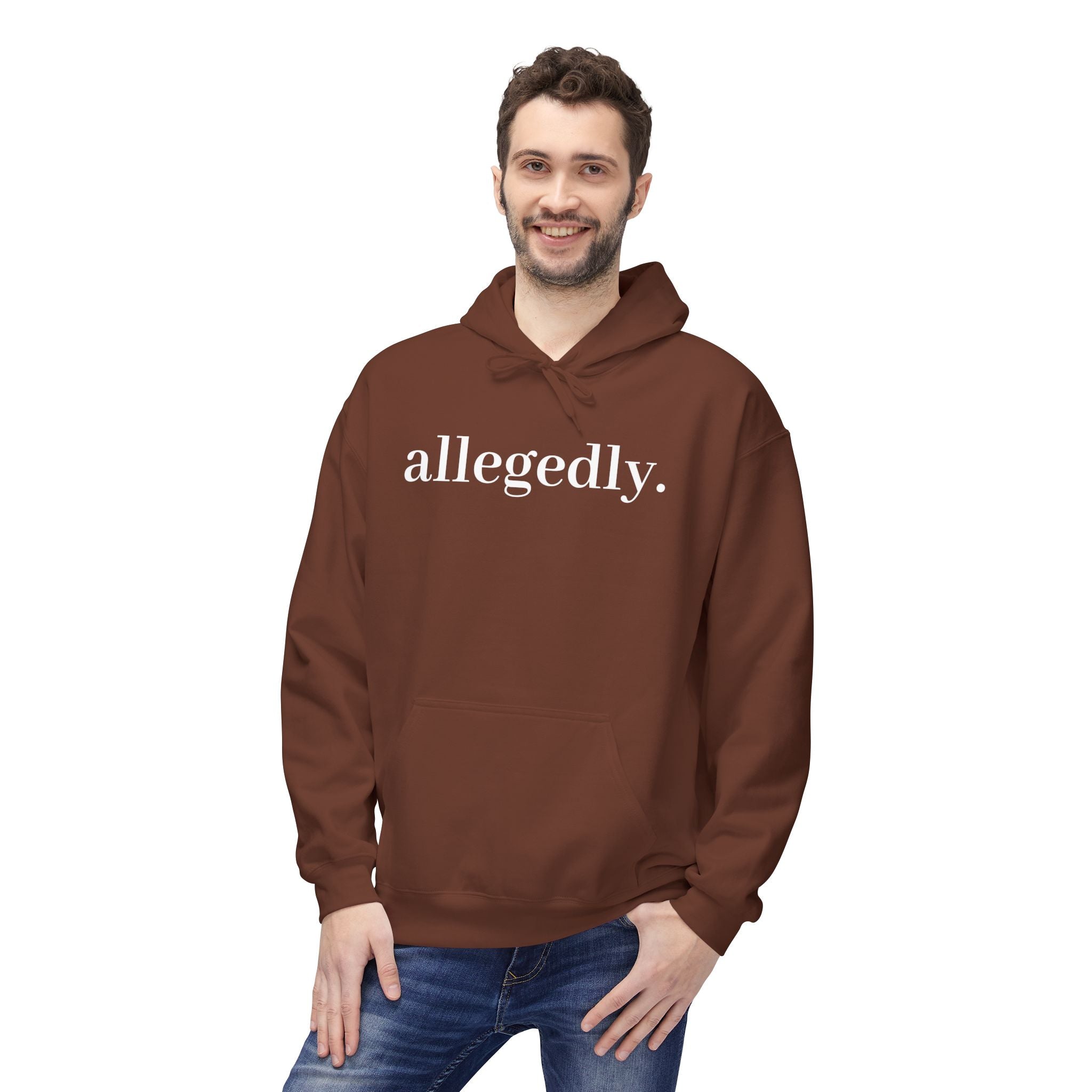 Allegedly. Minimalist White Hoodie — Subtle Script Statement Sweatshirt