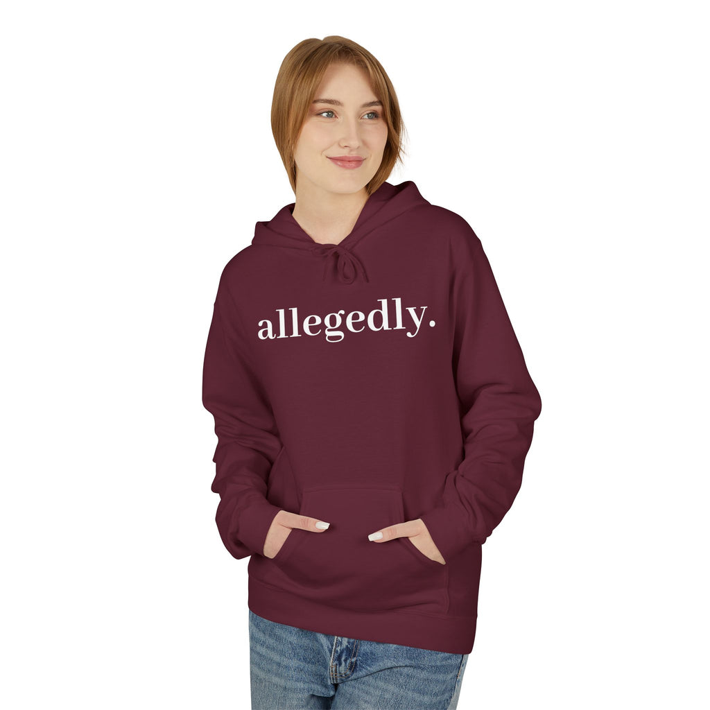 Allegedly. Minimalist White Hoodie — Subtle Script Statement Sweatshirt
