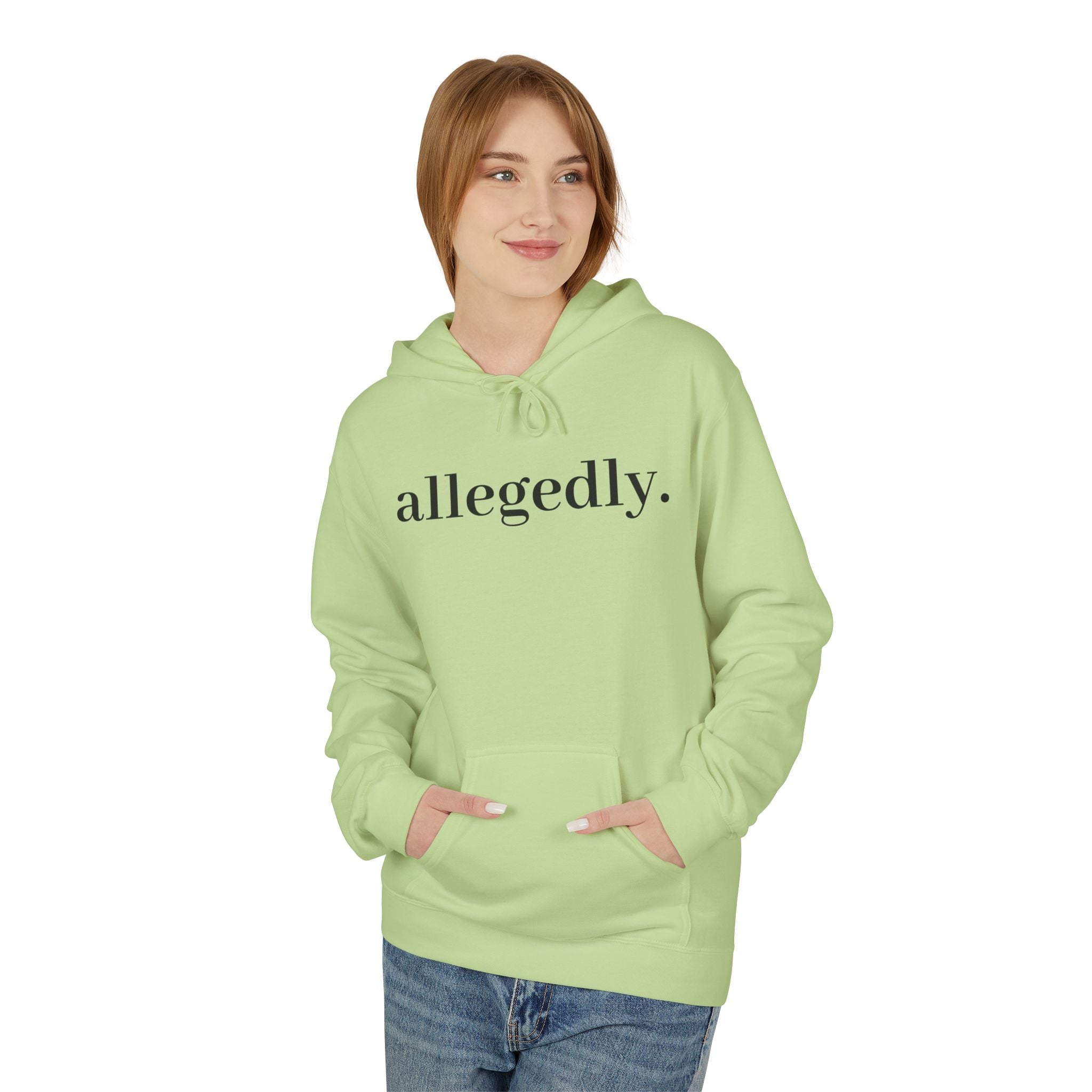 Allegedly. Minimalist White Hoodie — Subtle Script Statement Sweatshirt
