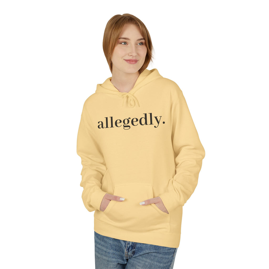 Allegedly. Minimalist White Hoodie — Subtle Script Statement Sweatshirt