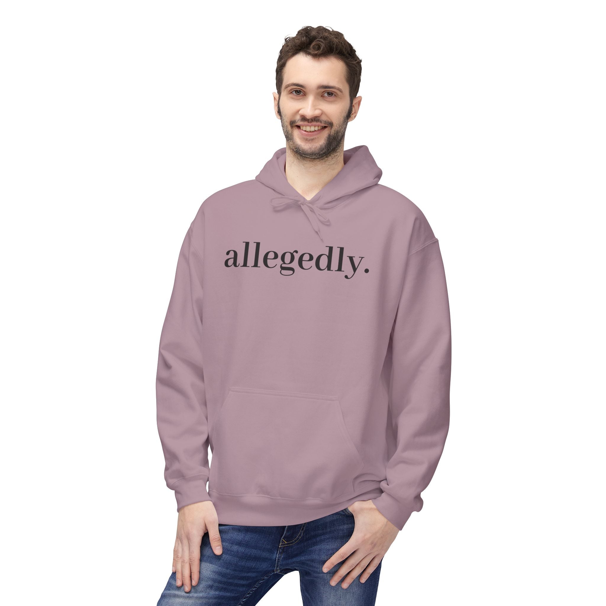 Allegedly. Minimalist White Hoodie — Subtle Script Statement Sweatshirt