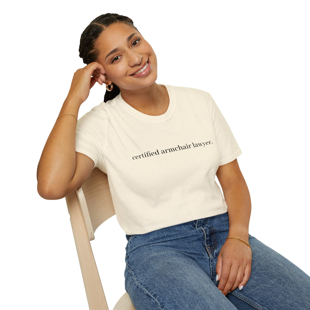 T-Shirt — “certified armchair lawyer.” Minimalist Funny Legal Enthusiast Tee