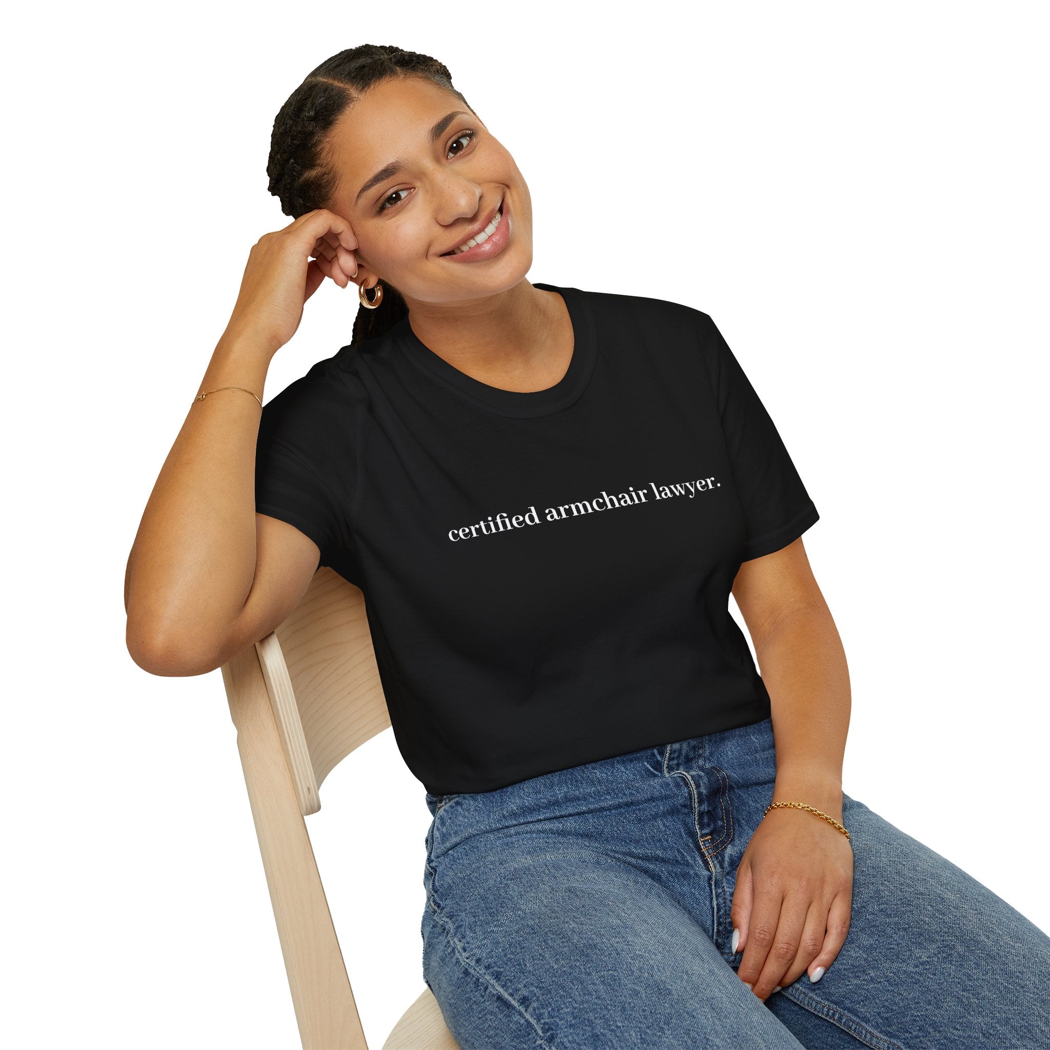 T-Shirt — “certified armchair lawyer.” Minimalist Funny Legal Enthusiast Tee