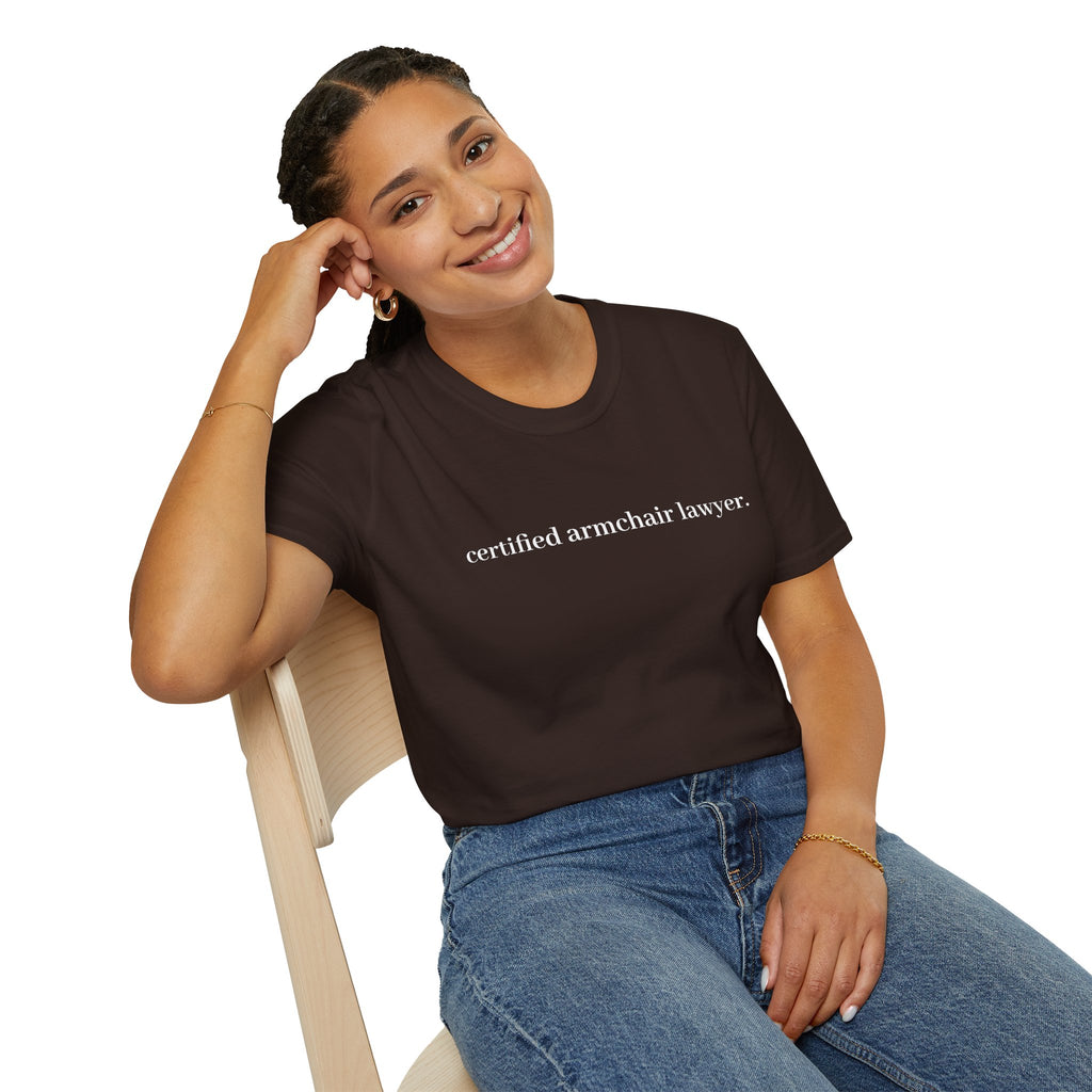 T-Shirt — “certified armchair lawyer.” Minimalist Funny Legal Enthusiast Tee