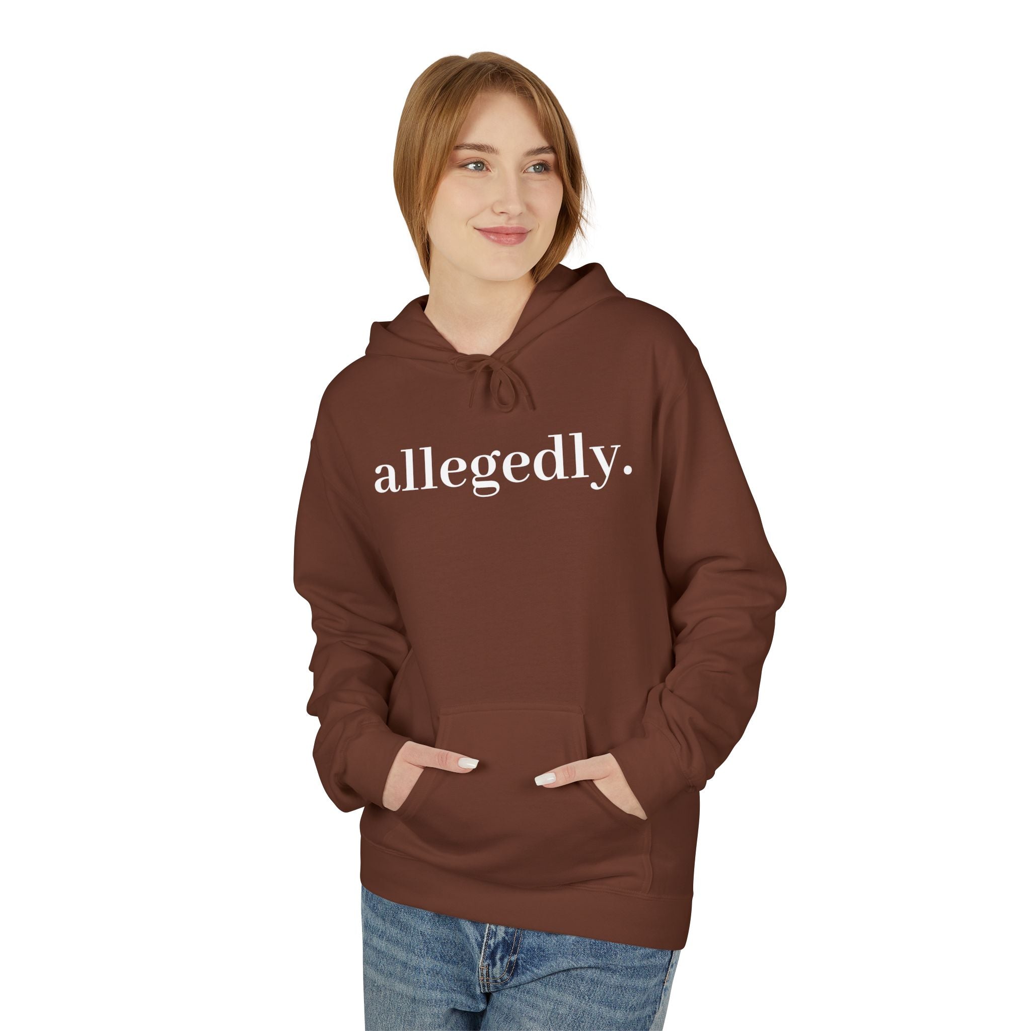 Allegedly. Minimalist White Hoodie — Subtle Script Statement Sweatshirt